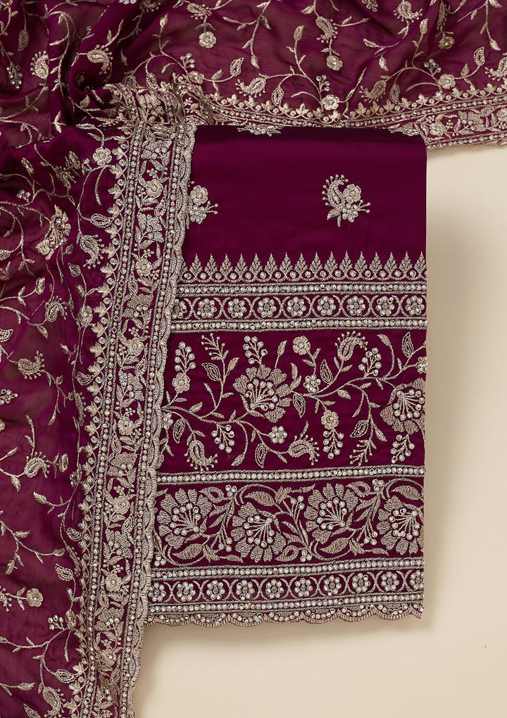 Wine Organza Silver Zariwork Unstitched Dress Material With Matching Bottom And Dupatta