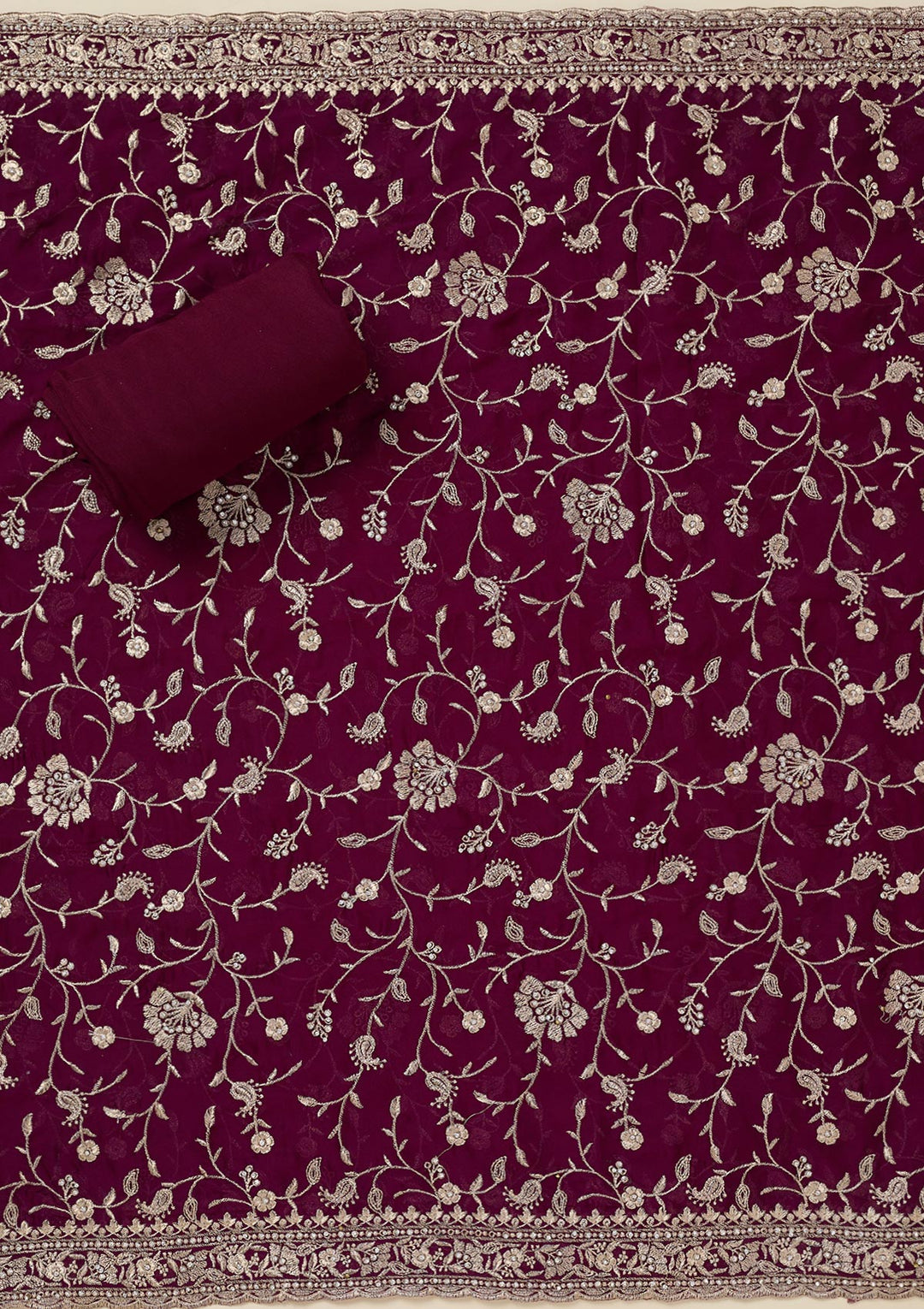 Wine Organza Silver Zariwork Unstitched Dress Material With Matching Bottom And Dupatta