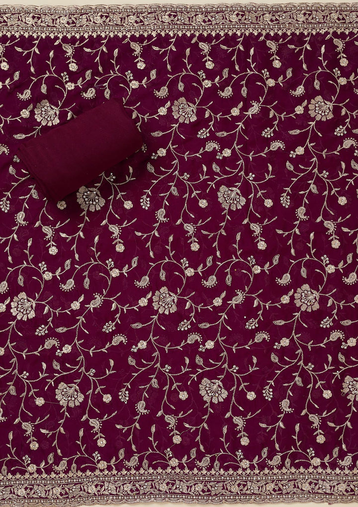 Wine Organza Silver Zariwork Unstitched Dress Material With Matching Bottom And Dupatta
