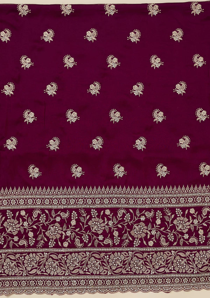 Wine Organza Silver Zariwork Unstitched Dress Material With Matching Bottom And Dupatta