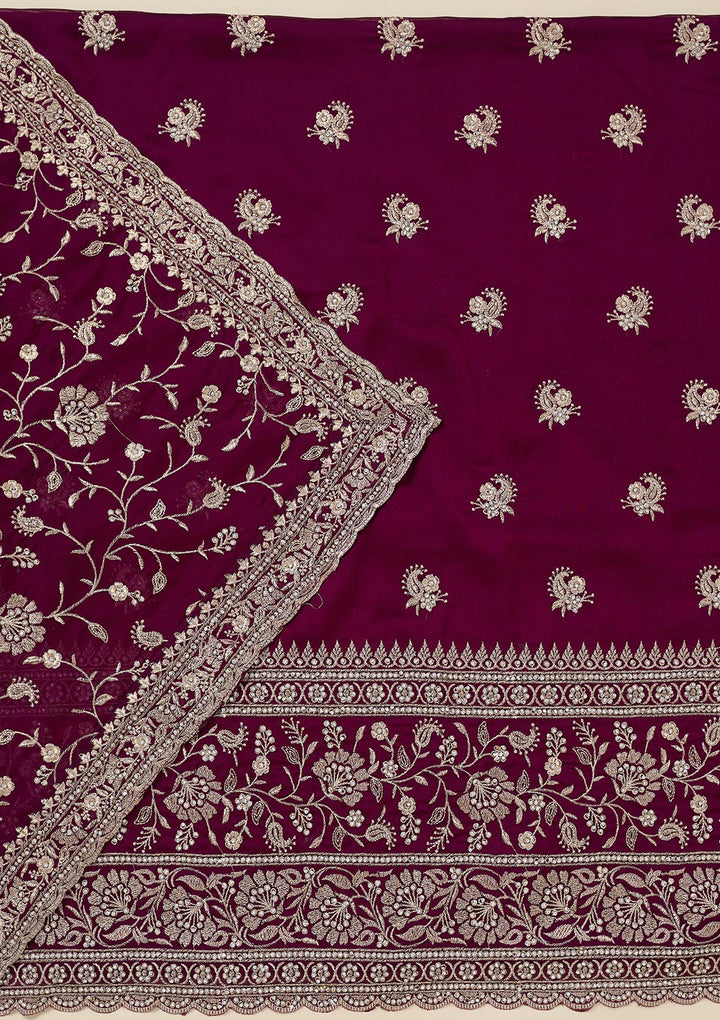 Wine Organza Silver Zariwork Unstitched Dress Material With Matching Bottom And Dupatta