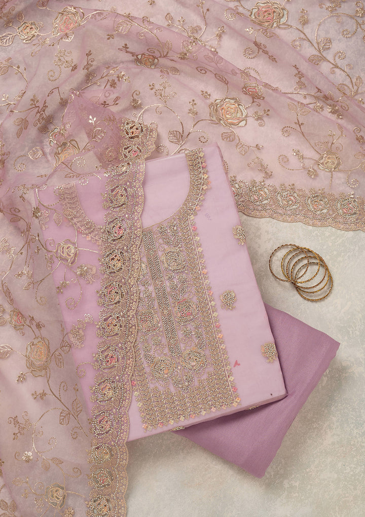 Lavender Organza Gold Zariwork Unstitched Dress Material With Matching Bottom And Dupatta