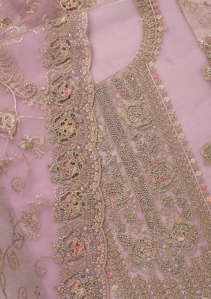 Lavender Organza Gold Zariwork Unstitched Dress Material With Matching Bottom And Dupatta
