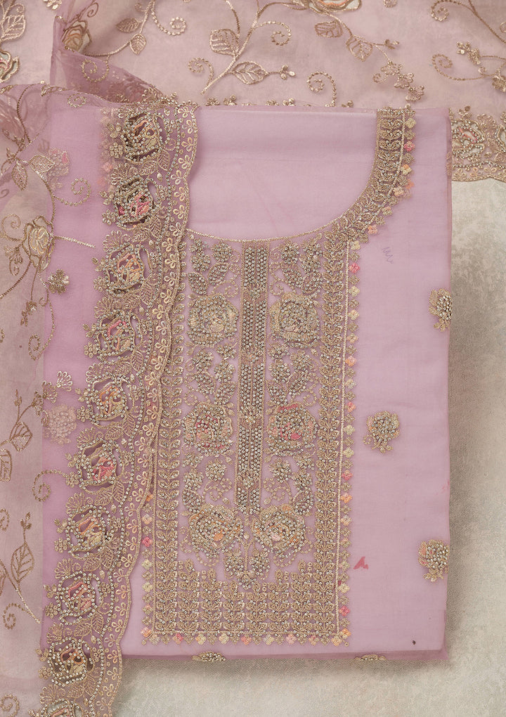 Lavender Organza Gold Zariwork Unstitched Dress Material With Matching Bottom And Dupatta