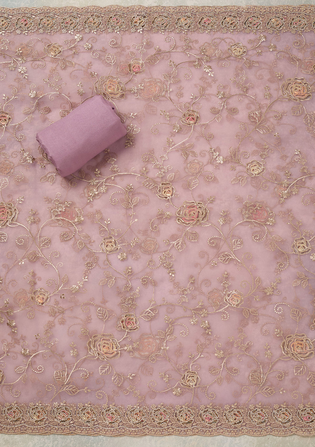 Lavender Organza Gold Zariwork Unstitched Dress Material With Matching Bottom And Dupatta