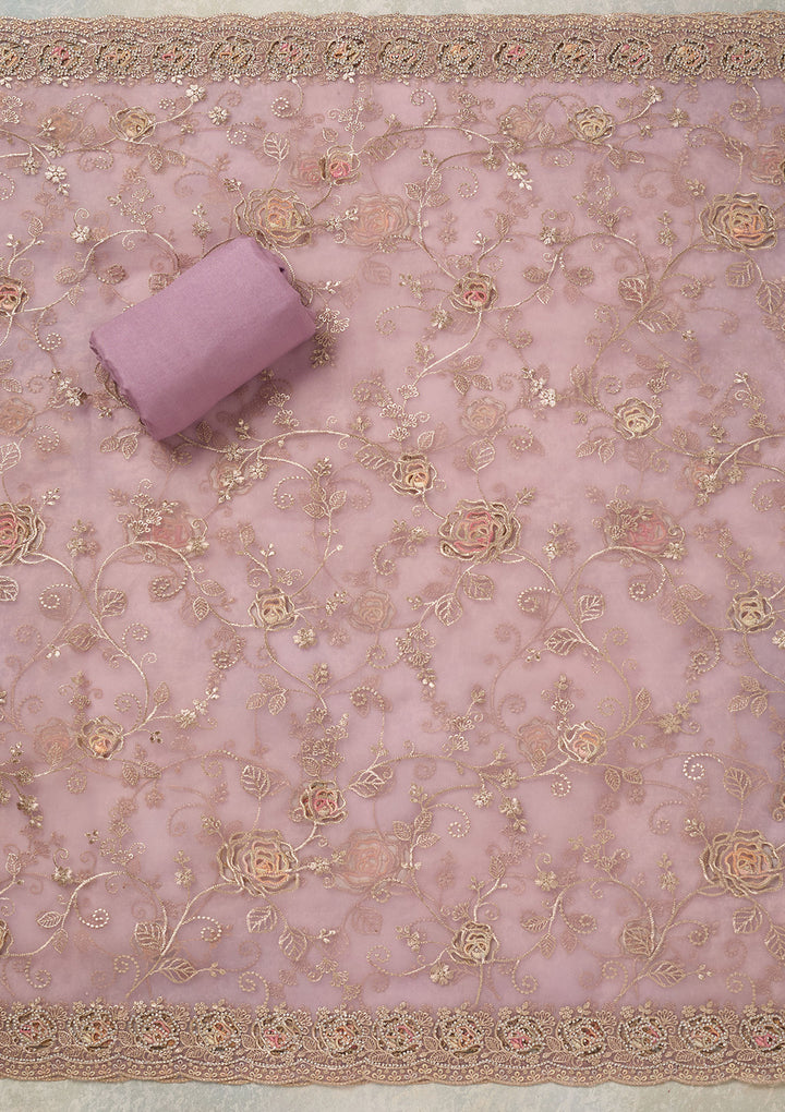 Lavender Organza Gold Zariwork Unstitched Dress Material With Matching Bottom And Dupatta