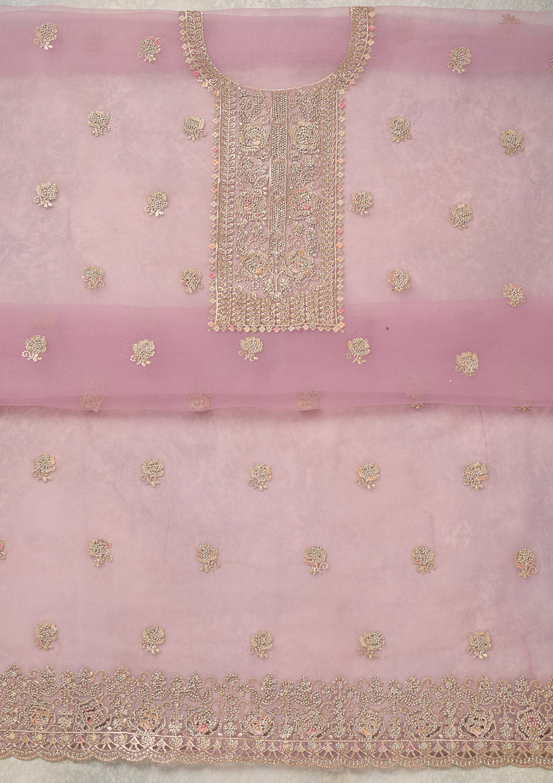 Lavender Organza Gold Zariwork Unstitched Dress Material With Matching Bottom And Dupatta