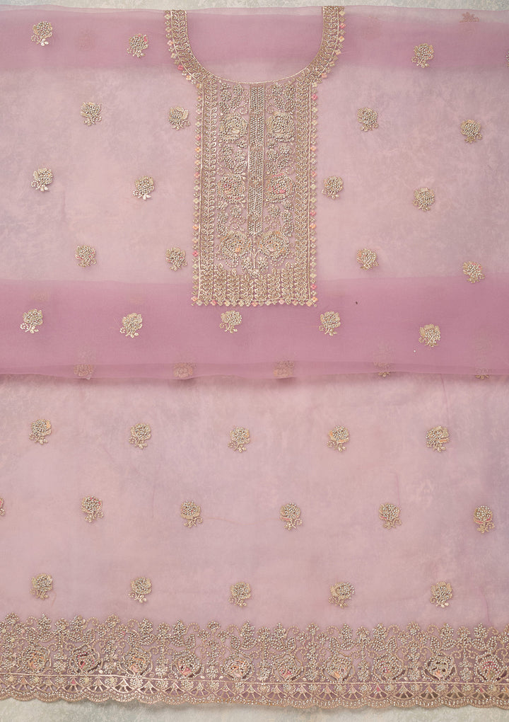 Lavender Organza Gold Zariwork Unstitched Dress Material With Matching Bottom And Dupatta