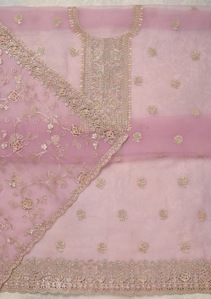 Lavender Organza Gold Zariwork Unstitched Dress Material With Matching Bottom And Dupatta