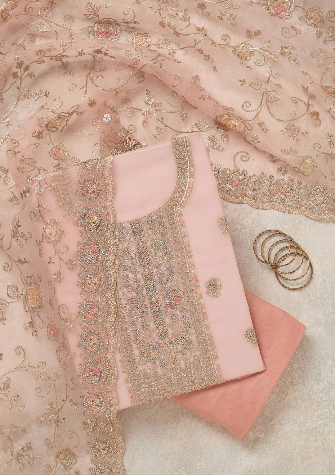 Peach Organza Gold Zariwork Unstitched Dress Material With Matching Bottom And Dupatta