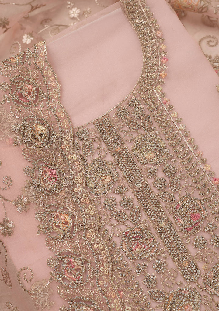 Peach Organza Gold Zariwork Unstitched Dress Material With Matching Bottom And Dupatta