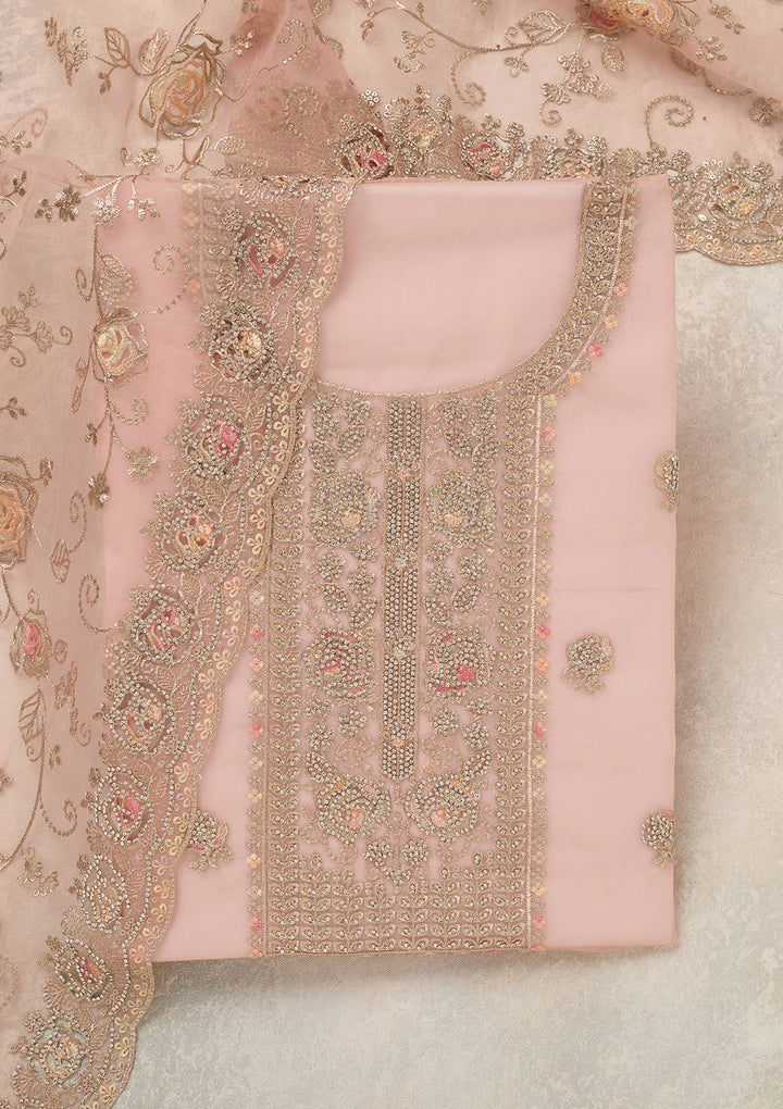 Peach Organza Gold Zariwork Unstitched Dress Material With Matching Bottom And Dupatta