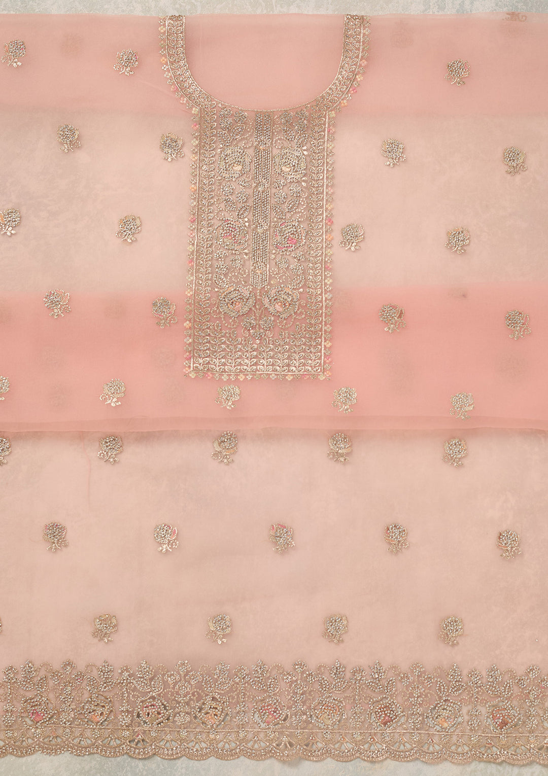 Peach Organza Gold Zariwork Unstitched Dress Material With Matching Bottom And Dupatta
