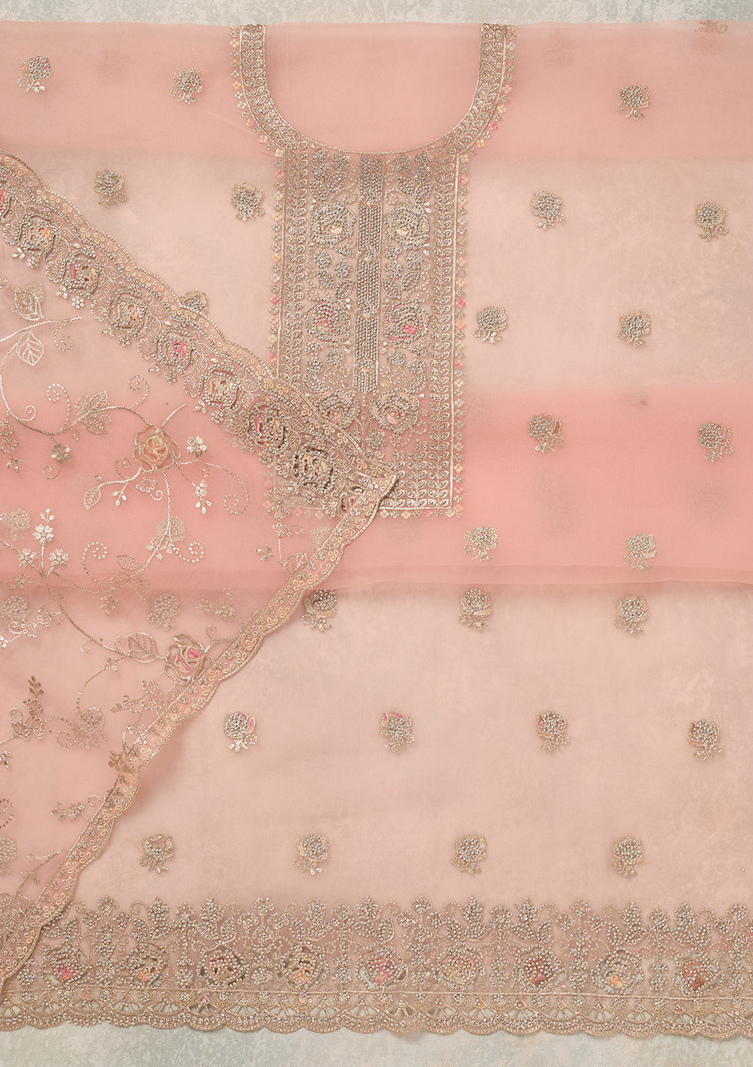 Peach Organza Gold Zariwork Unstitched Dress Material With Matching Bottom And Dupatta