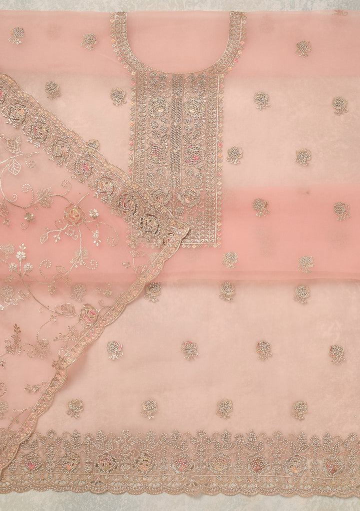 Peach Organza Gold Zariwork Unstitched Dress Material With Matching Bottom And Dupatta