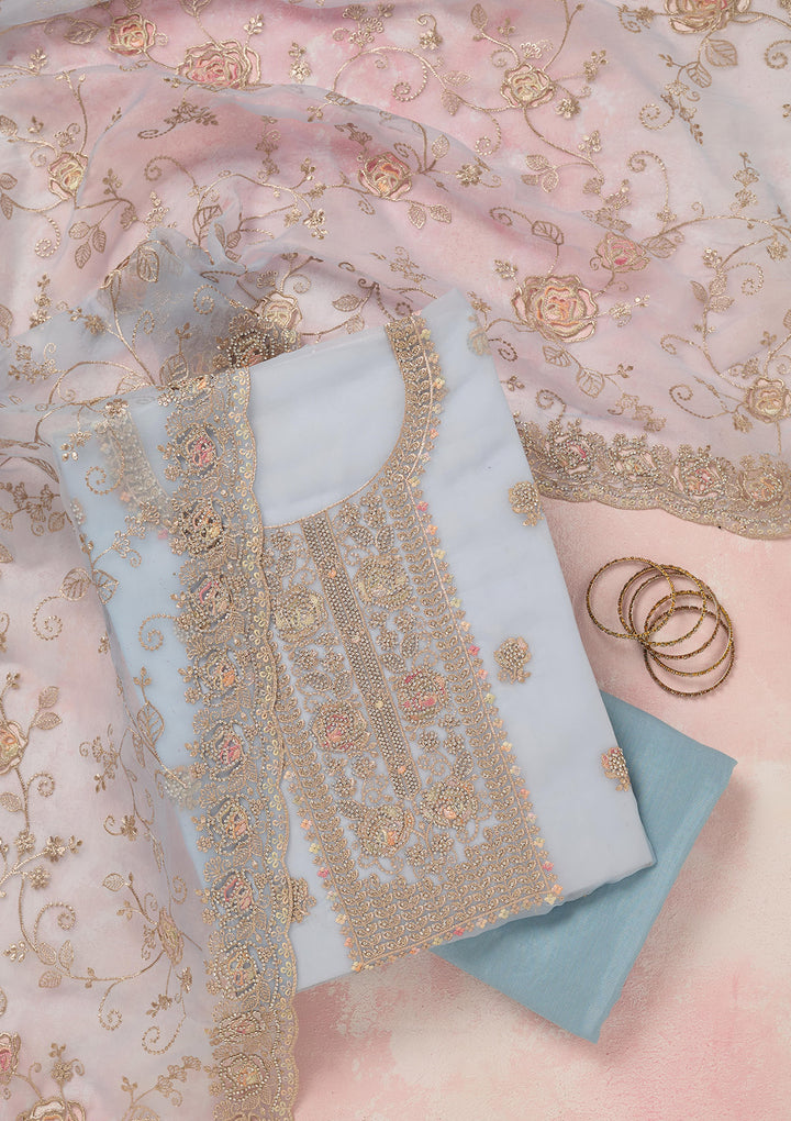 Sky Blue Organza Gold Zariwork Unstitched Dress Material With Matching Bottom And Dupatta