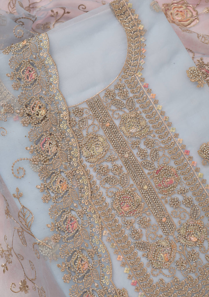 Sky Blue Organza Gold Zariwork Unstitched Dress Material With Matching Bottom And Dupatta