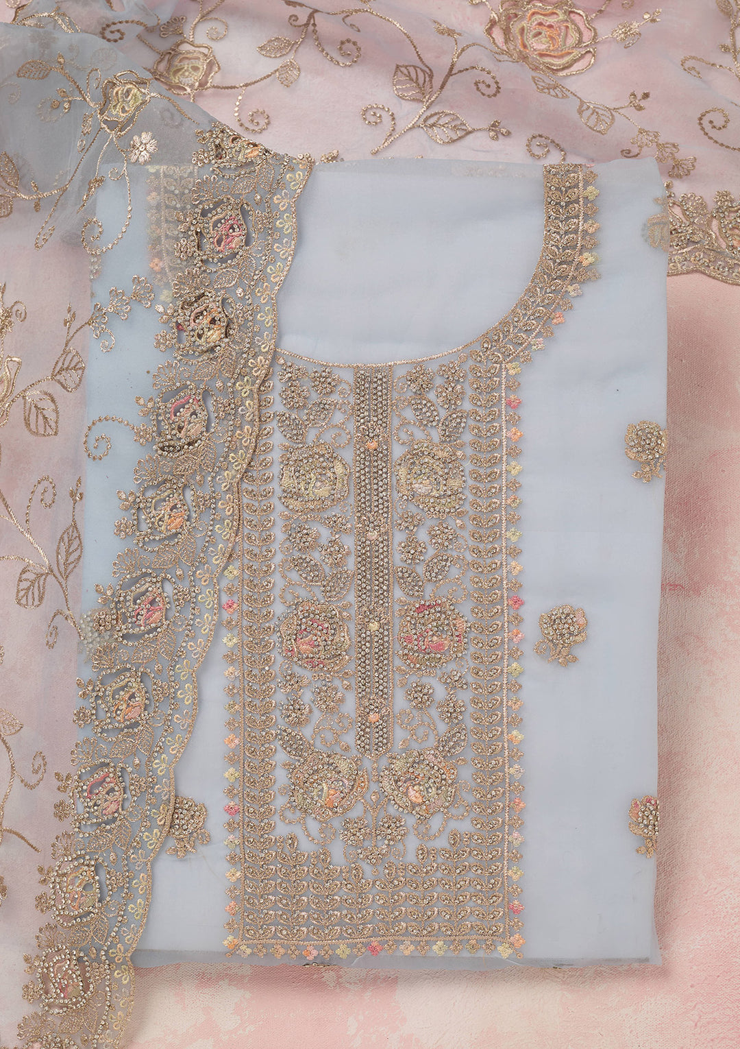 Sky Blue Organza Gold Zariwork Unstitched Dress Material With Matching Bottom And Dupatta