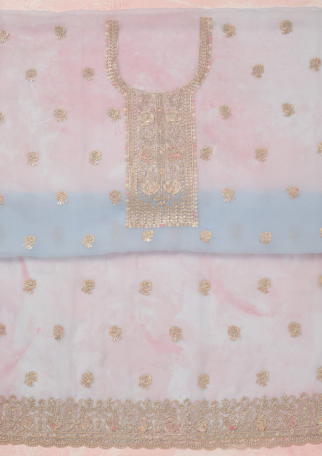 Sky Blue Organza Gold Zariwork Unstitched Dress Material With Matching Bottom And Dupatta