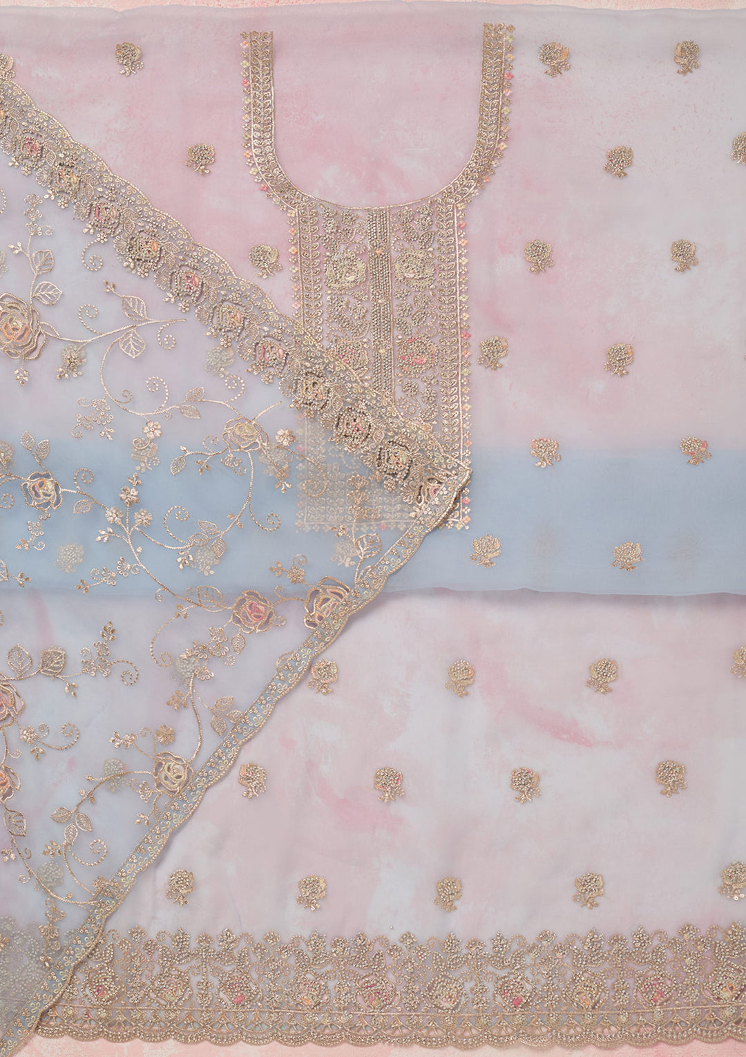 Sky Blue Organza Gold Zariwork Unstitched Dress Material With Matching Bottom And Dupatta