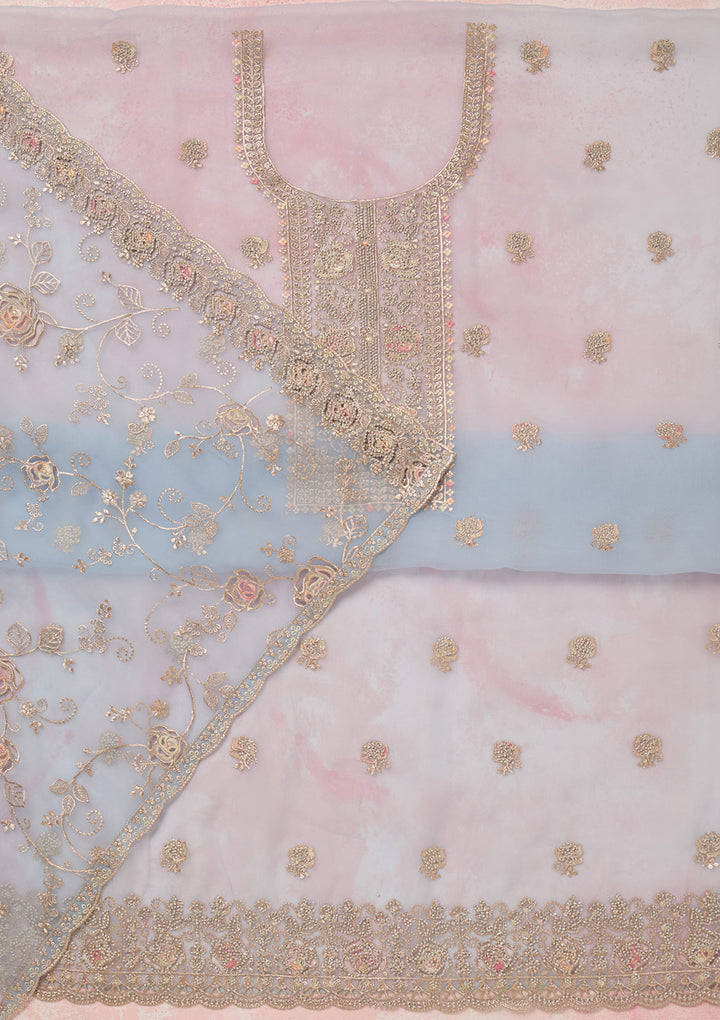 Sky Blue Organza Gold Zariwork Unstitched Dress Material With Matching Bottom And Dupatta