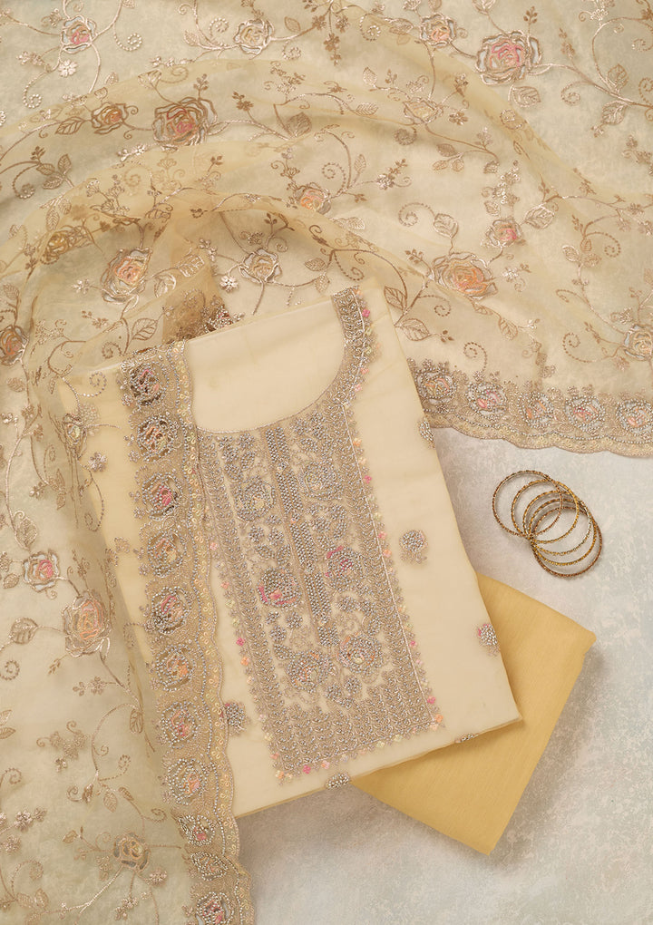 Yellow Zariwork (Gold) Organza Unstitched Salwar Suit