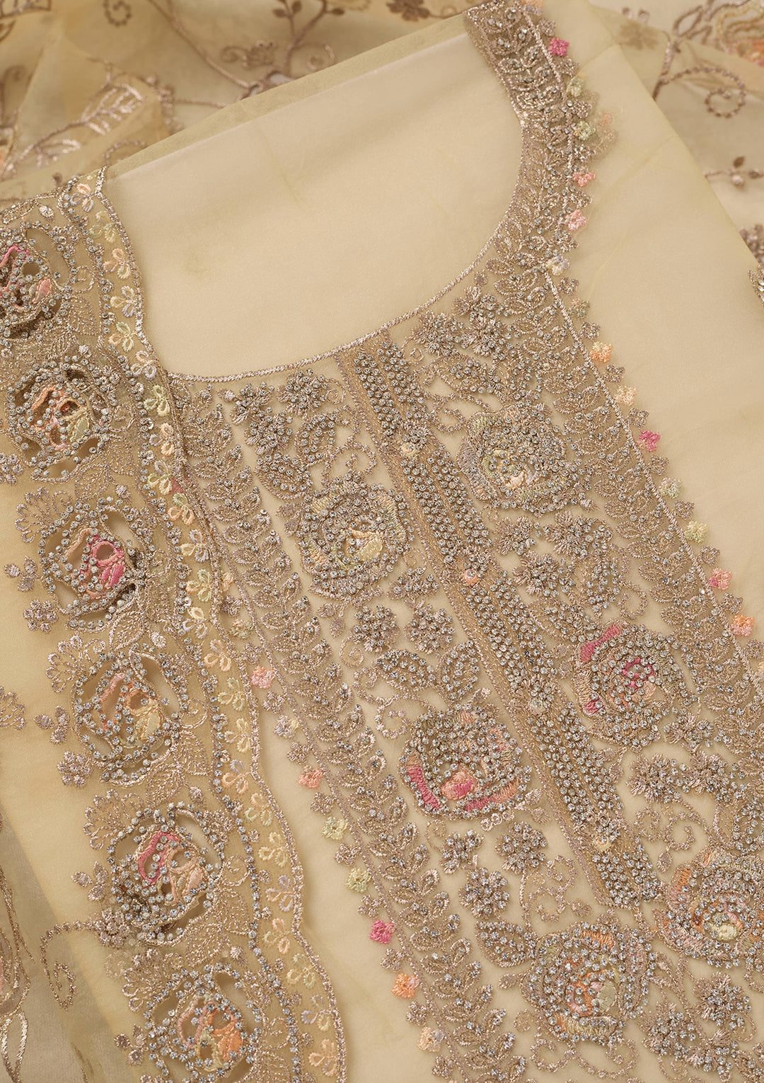 Yellow Zariwork (Gold) Organza Unstitched Salwar Suit