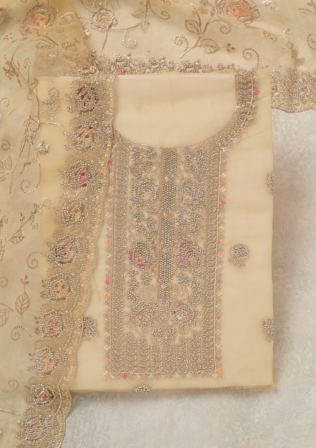 Yellow Zariwork (Gold) Organza Unstitched Salwar Suit