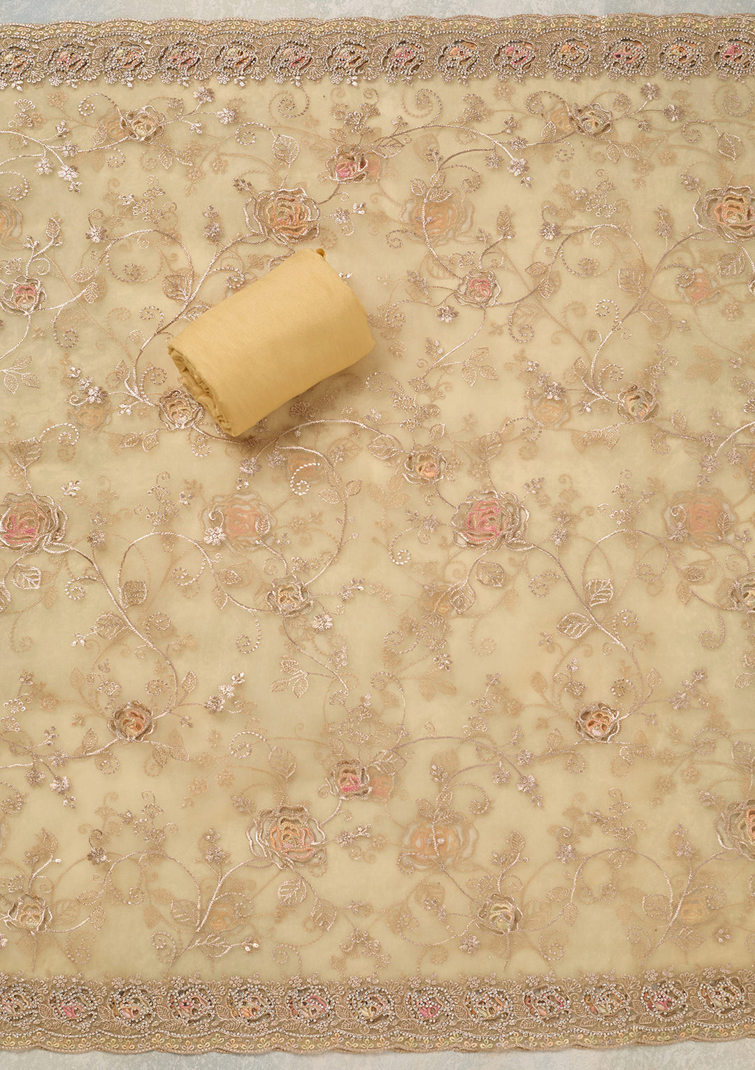 Yellow Zariwork (Gold) Organza Unstitched Salwar Suit