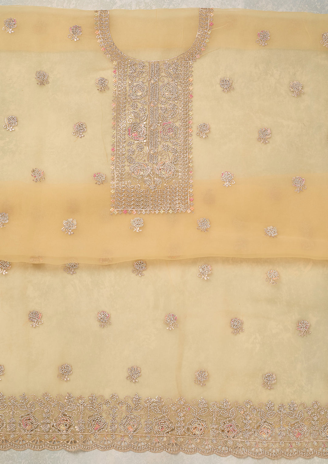 Yellow Zariwork (Gold) Organza Unstitched Salwar Suit