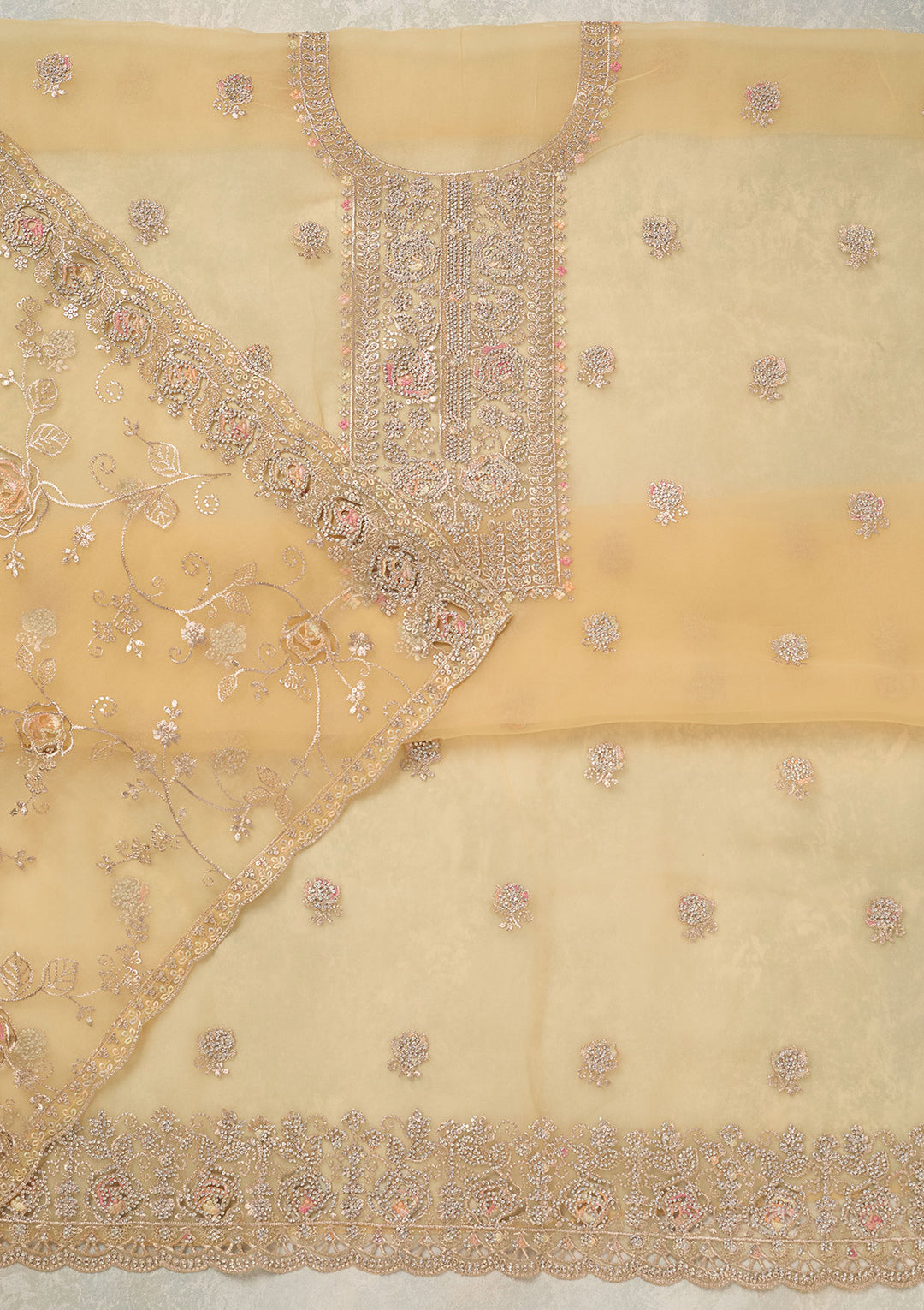 Yellow Zariwork (Gold) Organza Unstitched Salwar Suit