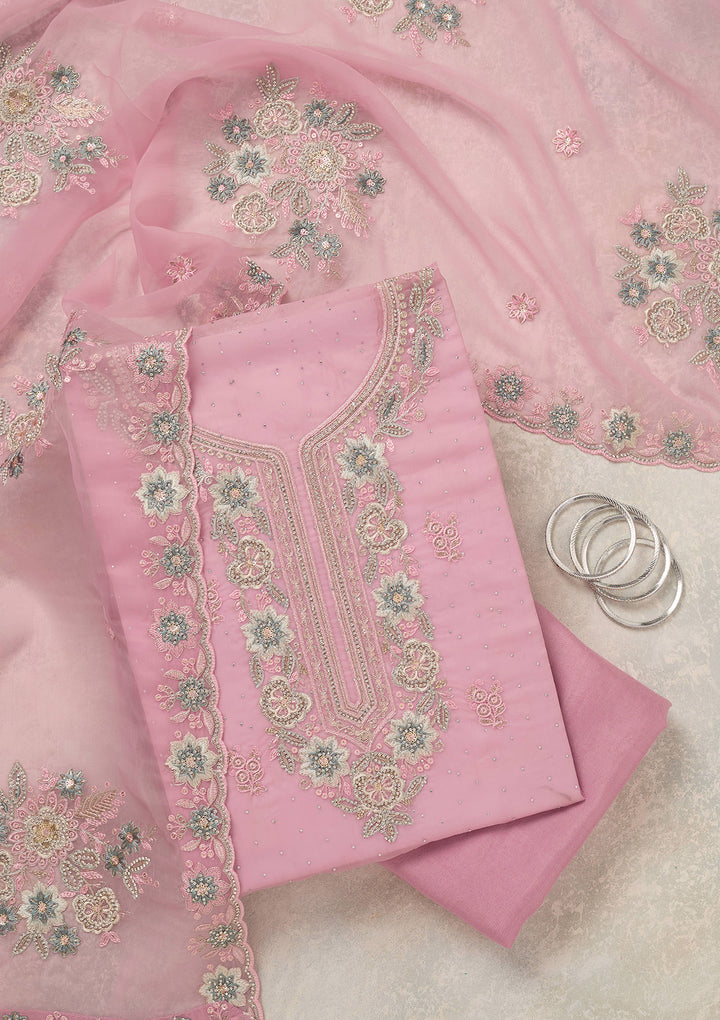 Baby Pink Organza Pearlwork Unstitched Dress Material With Matching Bottom And Dupatta