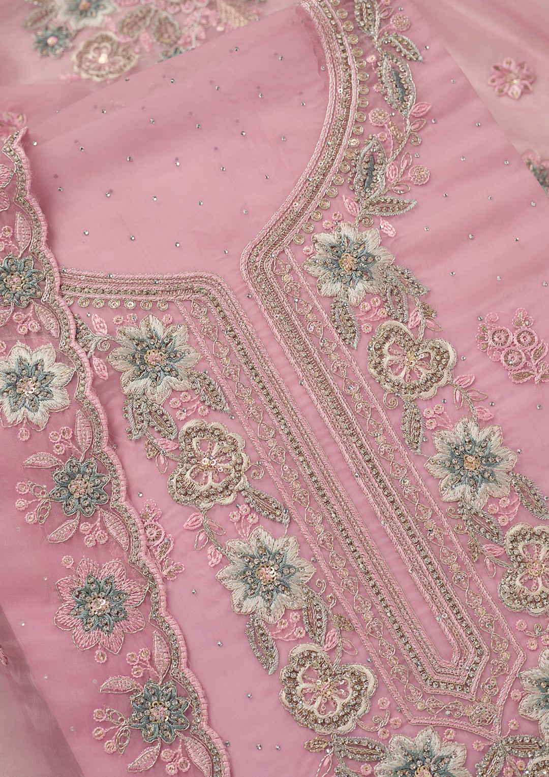 Baby Pink Organza Pearlwork Unstitched Dress Material With Matching Bottom And Dupatta