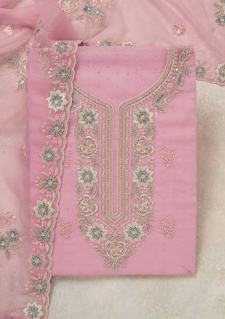 Baby Pink Organza Pearlwork Unstitched Dress Material With Matching Bottom And Dupatta