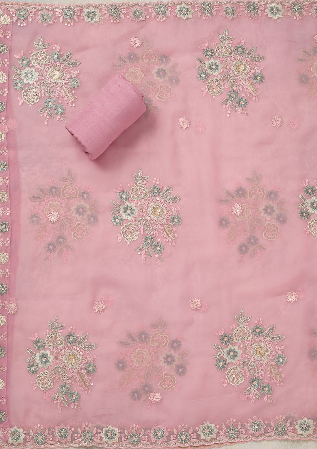 Baby Pink Organza Pearlwork Unstitched Dress Material With Matching Bottom And Dupatta