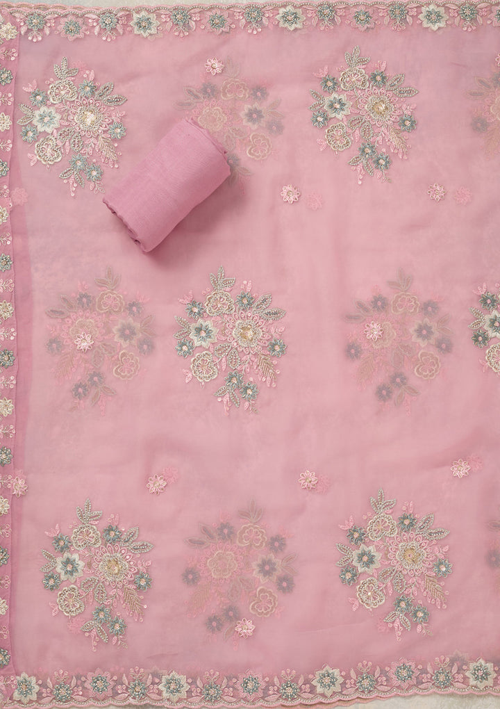 Baby Pink Organza Pearlwork Unstitched Dress Material With Matching Bottom And Dupatta