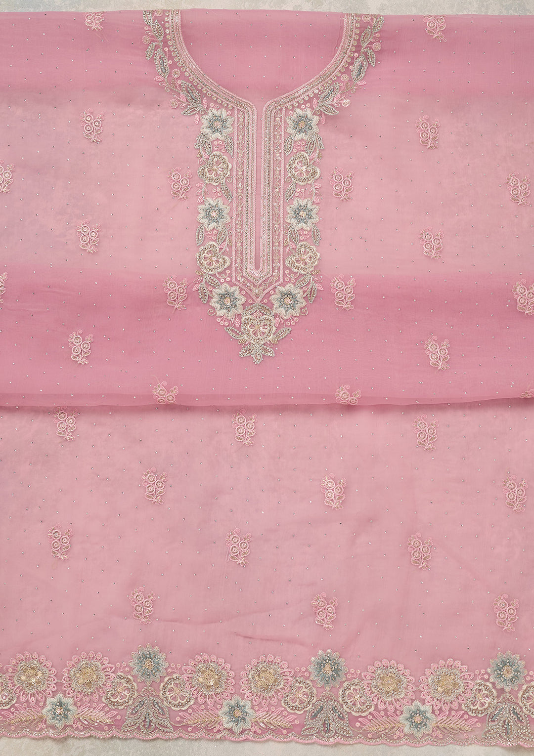 Baby Pink Organza Pearlwork Unstitched Dress Material With Matching Bottom And Dupatta