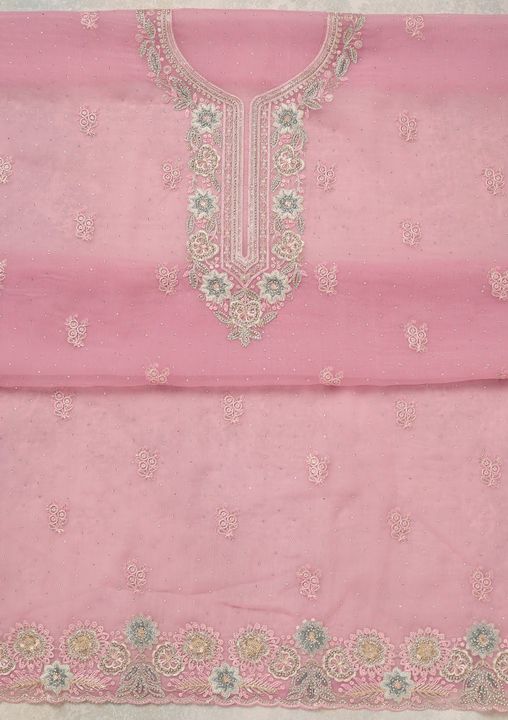 Baby Pink Organza Pearlwork Unstitched Dress Material With Matching Bottom And Dupatta