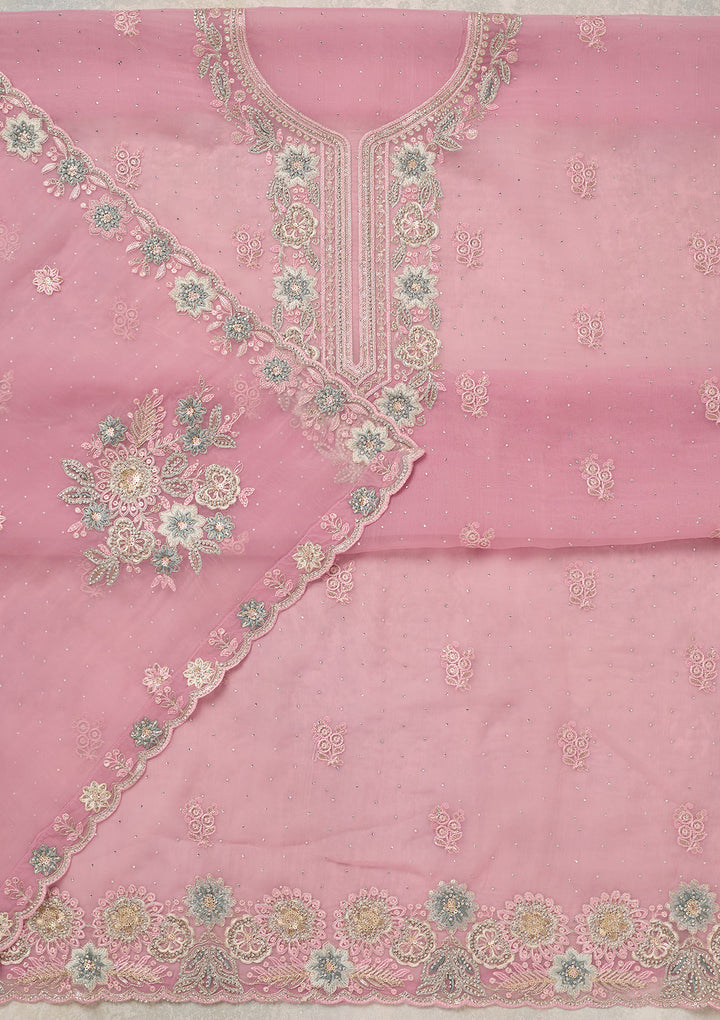 Baby Pink Organza Pearlwork Unstitched Dress Material With Matching Bottom And Dupatta