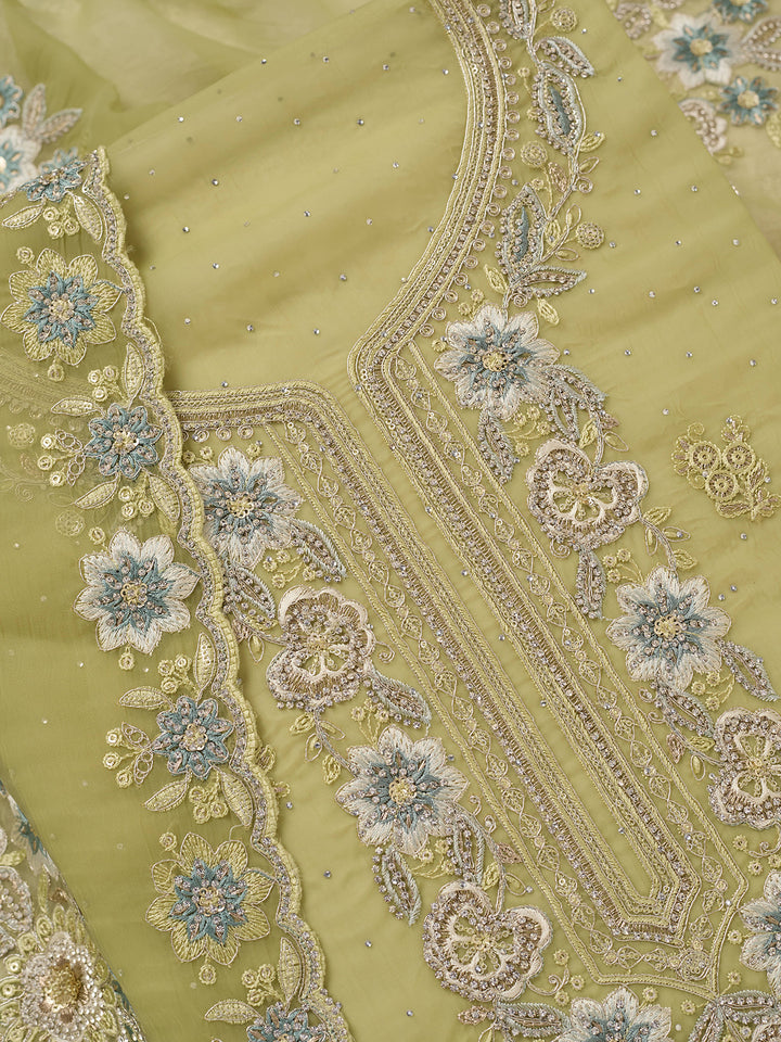 Pista Green Zariwork Organza Unstitched Salwar Suit