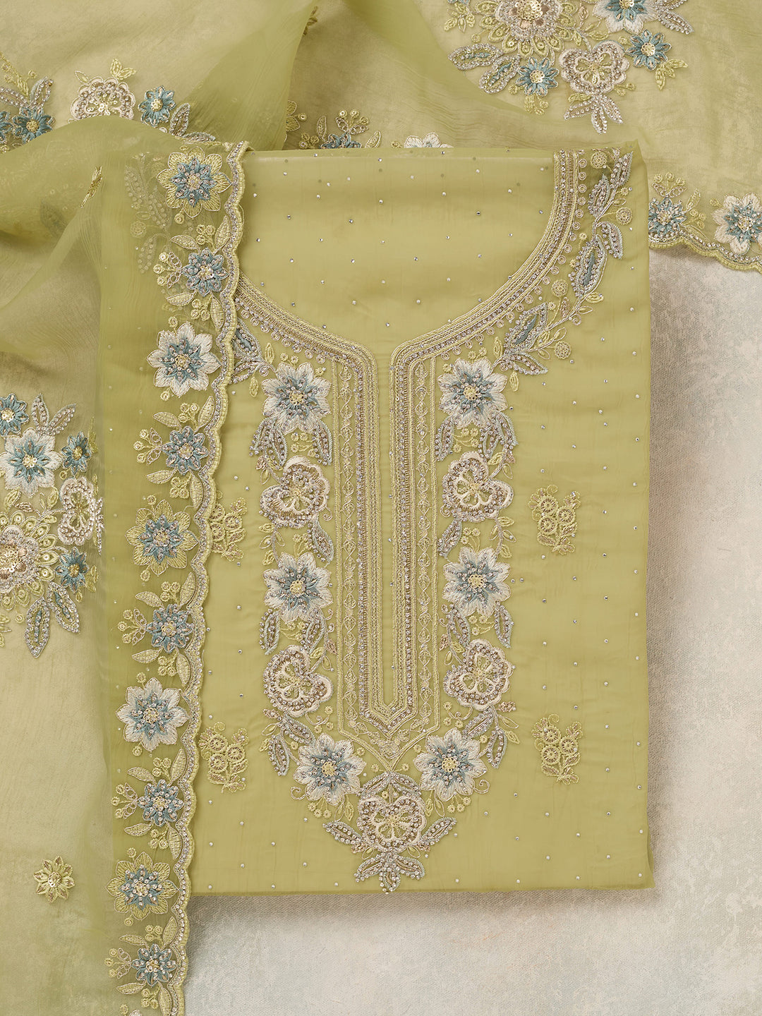 Pista Green Zariwork Organza Unstitched Salwar Suit