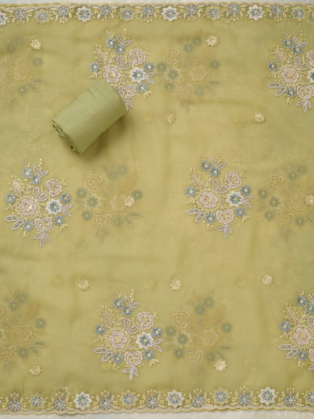 Pista Green Zariwork Organza Unstitched Salwar Suit