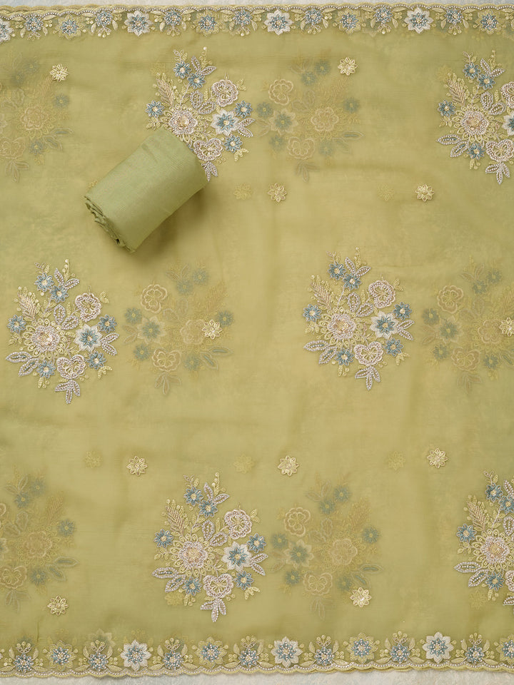 Pista Green Zariwork Organza Unstitched Salwar Suit