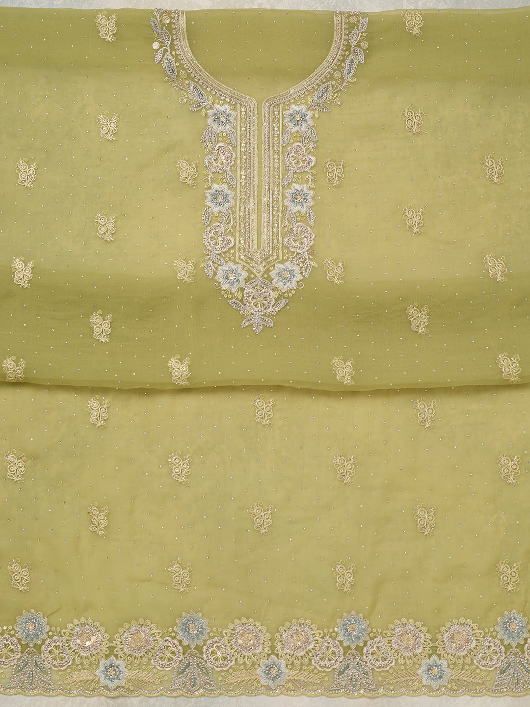 Pista Green Zariwork Organza Unstitched Salwar Suit