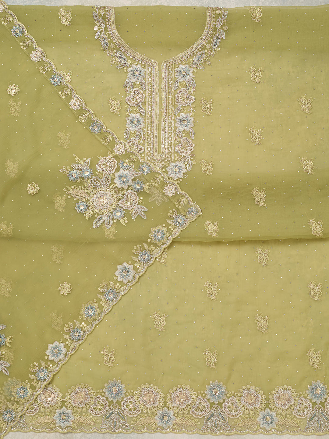 Pista Green Zariwork Organza Unstitched Salwar Suit