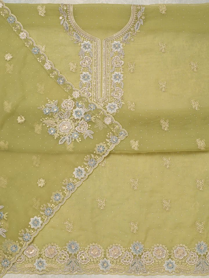 Pista Green Zariwork Organza Unstitched Salwar Suit