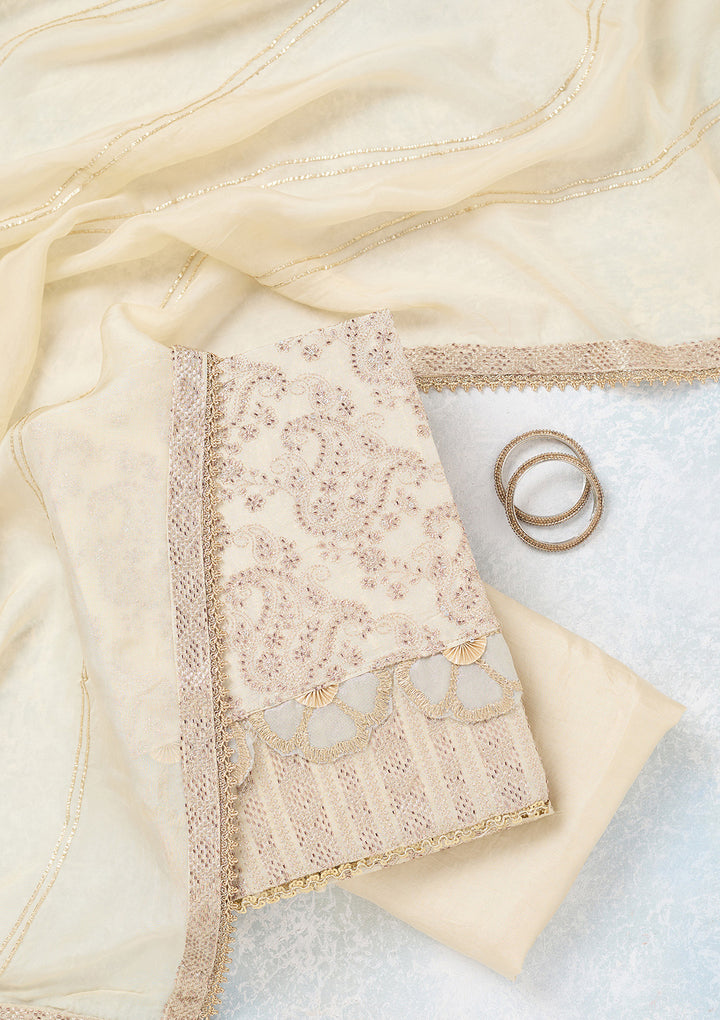 Cream Tissue Gold Zariwork Unstitched Dress Material With Matching Bottom And Dupatta