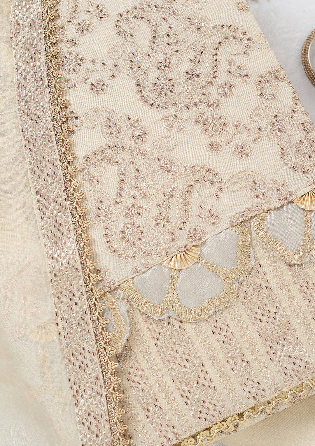 Cream Tissue Gold Zariwork Unstitched Dress Material With Matching Bottom And Dupatta