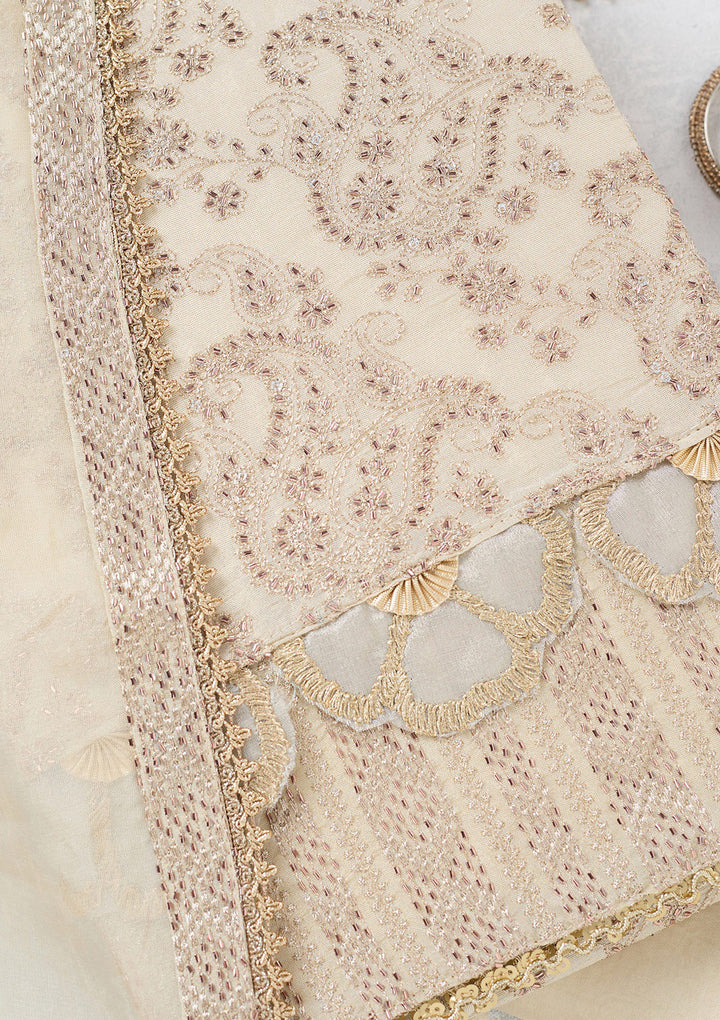 Cream Tissue Gold Zariwork Unstitched Dress Material With Matching Bottom And Dupatta