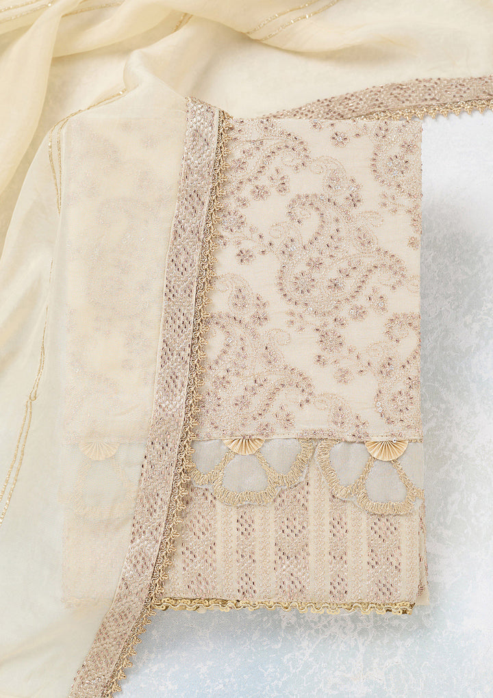Cream Tissue Gold Zariwork Unstitched Dress Material With Matching Bottom And Dupatta
